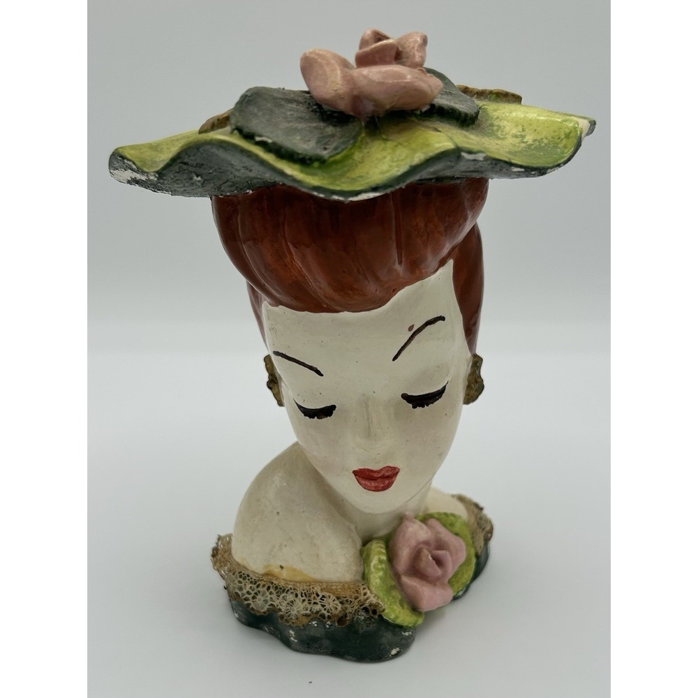 Ceramic Lady Head Bust Candle Holder Green Floral Hat Pink Roses Mid Century